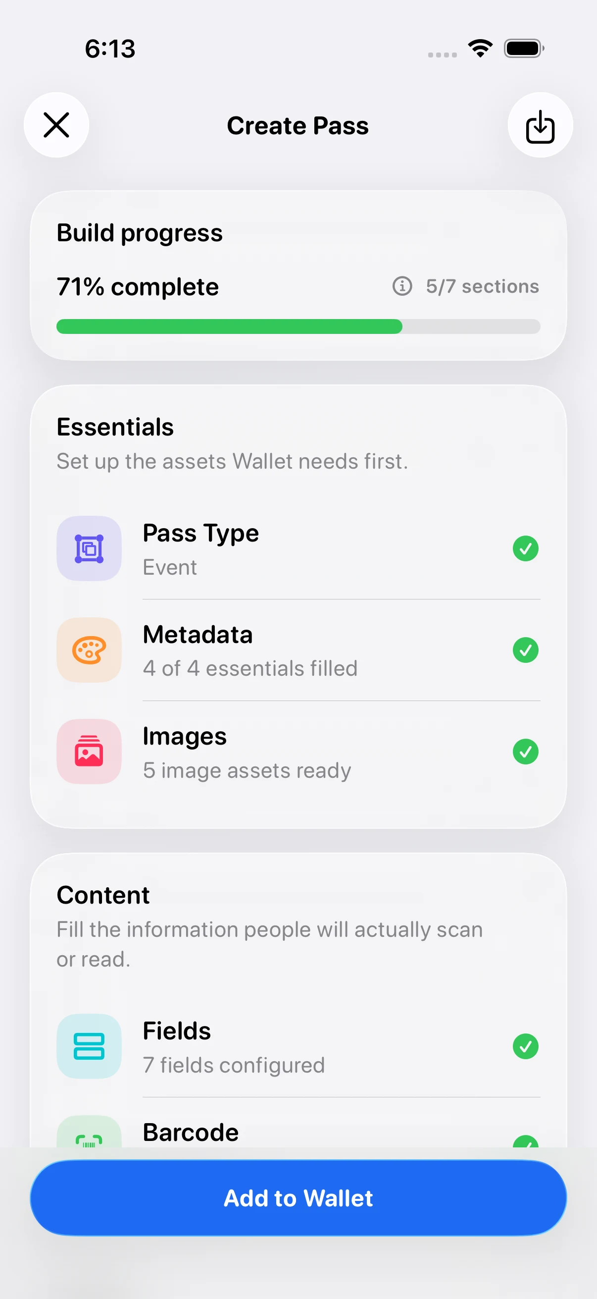 PassMaker editor showing pass sections and build progress